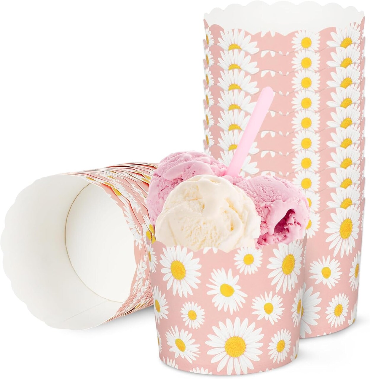 100Pcs Daisy Flower Paper Baking Cups Pink White Floral Cupcake Wrappers Scalloped Edge Cupcake Muffin Cases for Spring Birthday Party Supplies